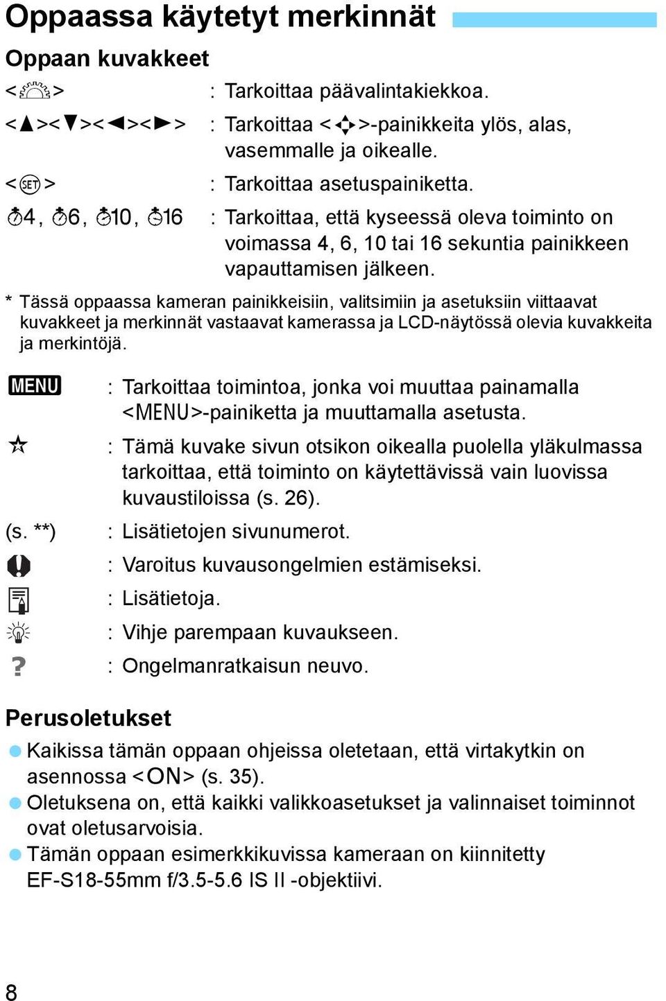 * Tässä oppaassa kameran painikkeisiin, valitsimiin ja asetuksiin viittaavat kuvakkeet ja merkinnät vastaavat kamerassa ja LCD-näytössä olevia kuvakkeita ja merkintöjä.