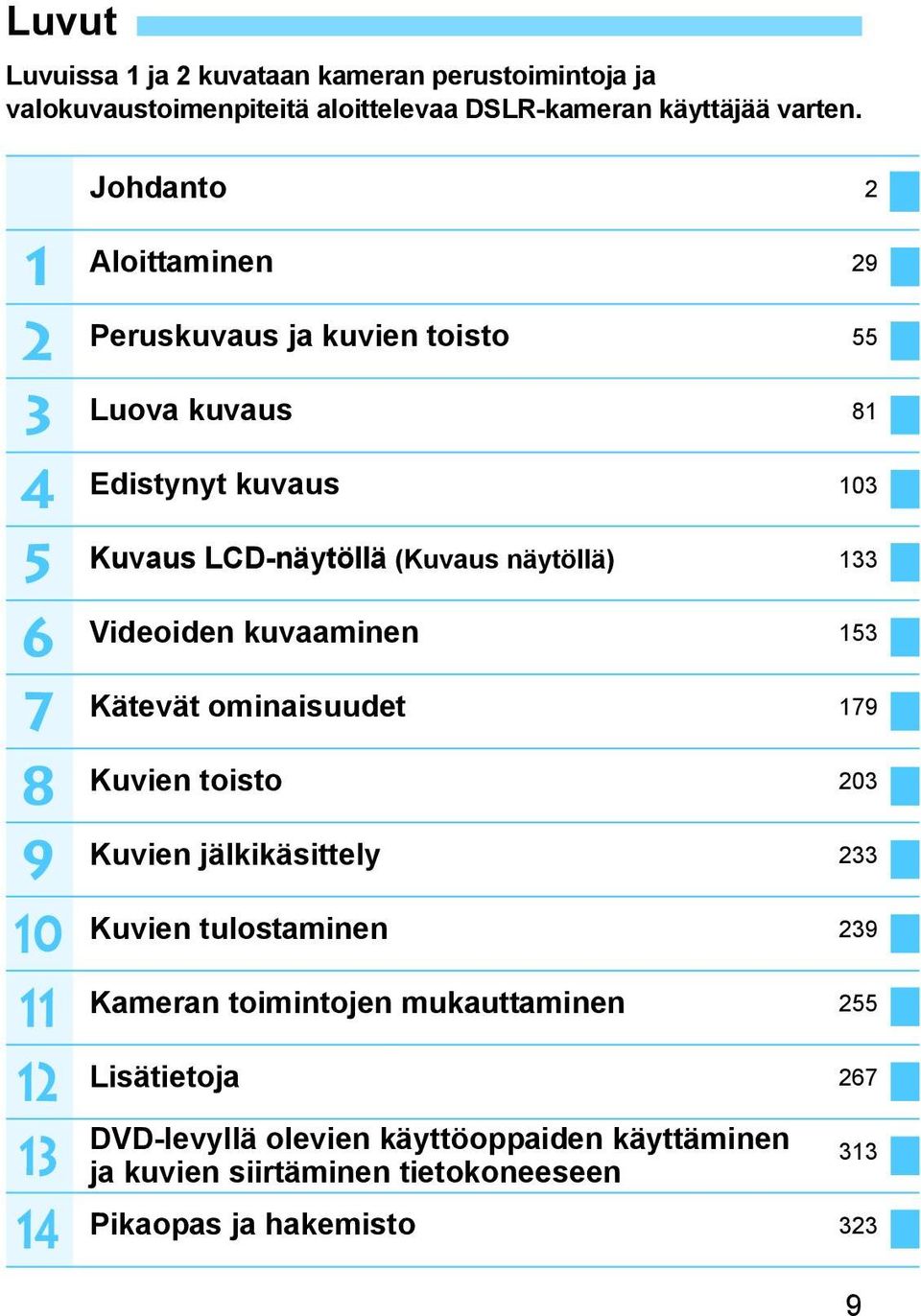 LCD-näytöllä (Kuvaus näytöllä) 133 Videoiden kuvaaminen 153 Kätevät ominaisuudet 179 Kuvien toisto 203 Kuvien jälkikäsittely 233 Kuvien