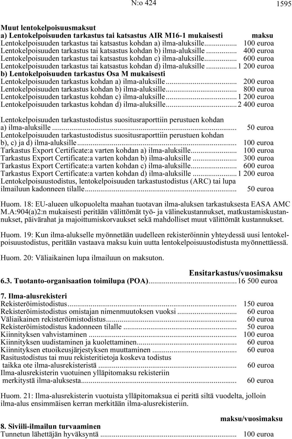 .. 600 euroa Lentokelpoisuuden tarkastus tai katsastus kohdan d) ilma-aluksille...1 200 euroa b) Lentokelpoisuuden tarkastus Osa M mukaisesti Lentokelpoisuuden tarkastus kohdan a) ilma-aluksille.