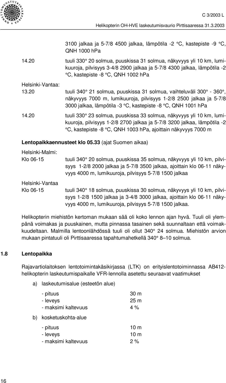 20 tuuli 340 21 solmua, puuskissa 31 solmua, vaihteluväli 300-360, näkyvyys 7000 m, lumikuuroja, pilvisyys 1-2/8 2500 jalkaa ja 5-7/8 3000 jalkaa, lämpötila -3 C, kastepiste -8 C, QNH 1001 hpa 14.