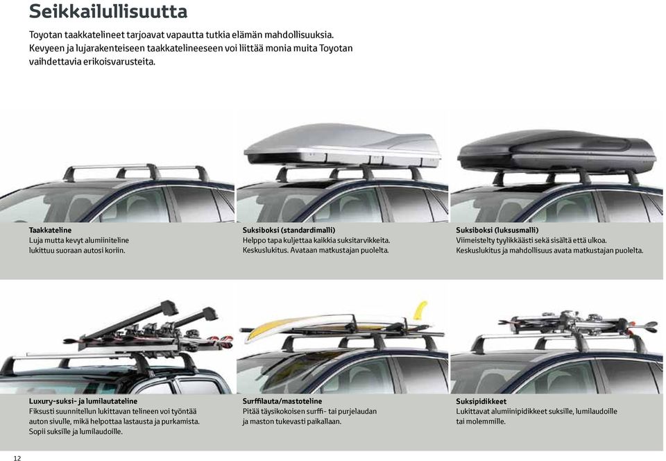 Suksiboksi (standardimalli) Helppo tapa kuljettaa kaikkia suksitarvikkeita. Keskuslukitus. Avataan matkustajan puolelta. Suksiboksi (luksusmalli) Viimeistelty tyylikkäästi sekä sisältä että ulkoa.