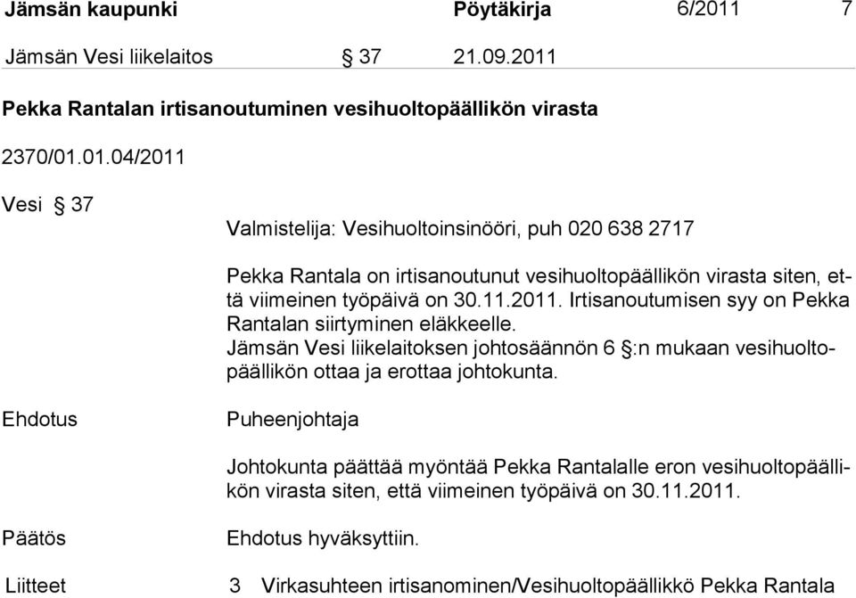 Pekka Rantalan irtisanoutuminen vesihuoltopäällikön virasta 2370/01.