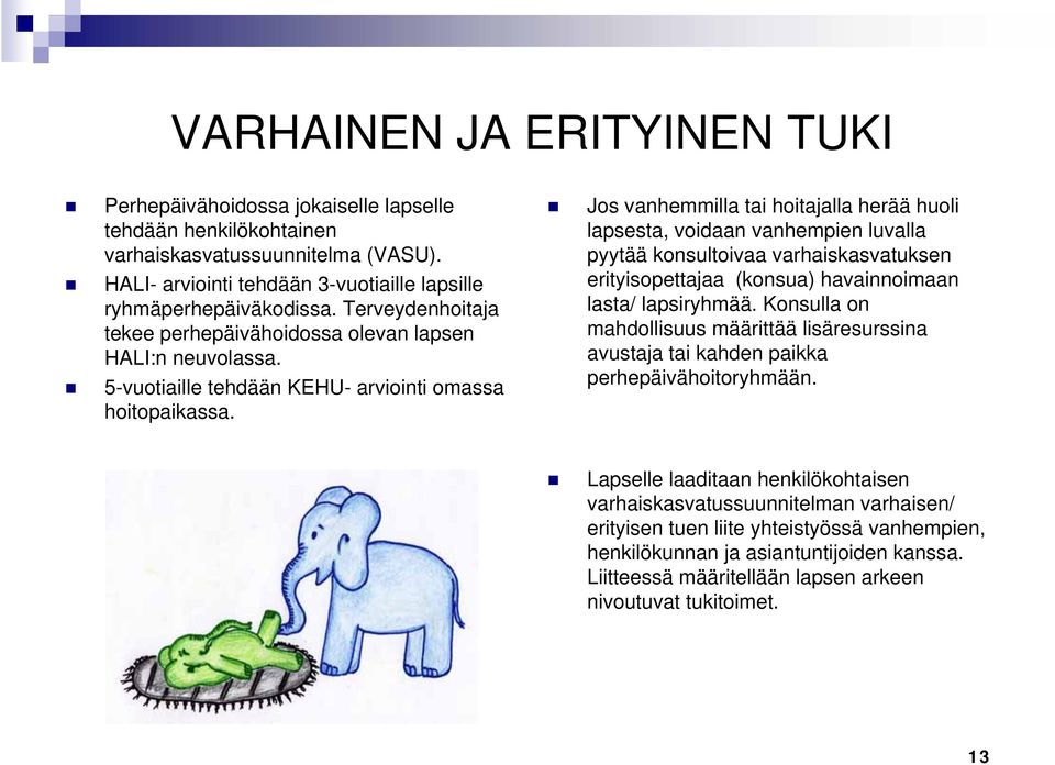 Jos vanhemmilla tai hoitajalla herää huoli lapsesta, voidaan vanhempien luvalla pyytää konsultoivaa varhaiskasvatuksen erityisopettajaa (konsua) havainnoimaan lasta/ lapsiryhmää.