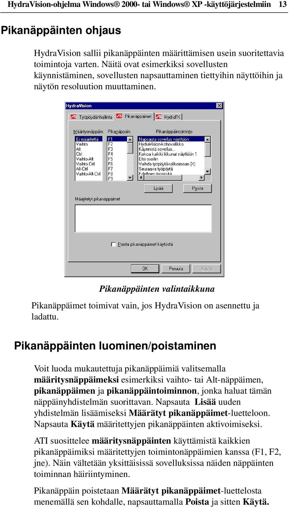 Pikanäppäinten valintaikkuna Pikanäppäimet toimivat vain, jos HydraVision on asennettu ja ladattu.