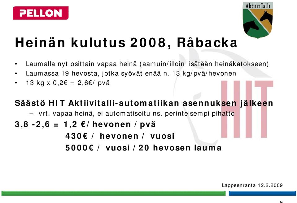 13 kg/pvä/hevonen 13 kg x 0,2 = 2,6 / pvä Säästö HIT Aktiivitalli-automatiikan asennuksen jälkeen vrt.