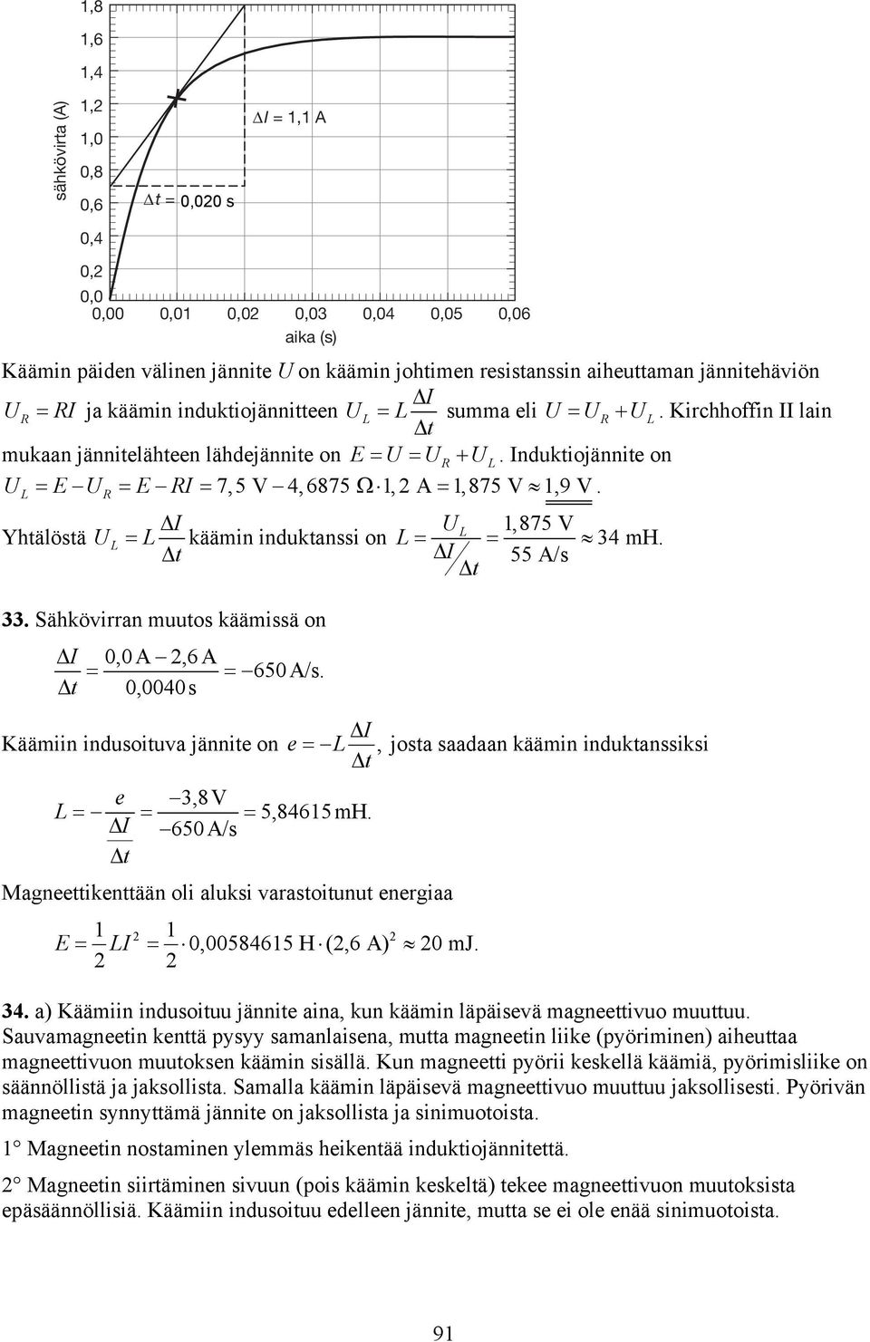 I U,875 V Yhtälöstä UL L kääin induktanssi on L L 34 H. t I 55 A/s t 33. Sähkövirran uutos kääissä on I 0,0A,6A 650A/s.