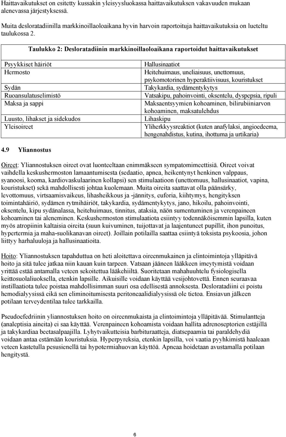 Taulukko 2: Desloratadiinin markkinoillaoloaikana raportoidut haittavaikutukset Psyykkiset häiriöt Hermosto Sydän Ruoansulatuselimistö Maksa ja sappi Luusto, lihakset ja sidekudos Yleisoireet