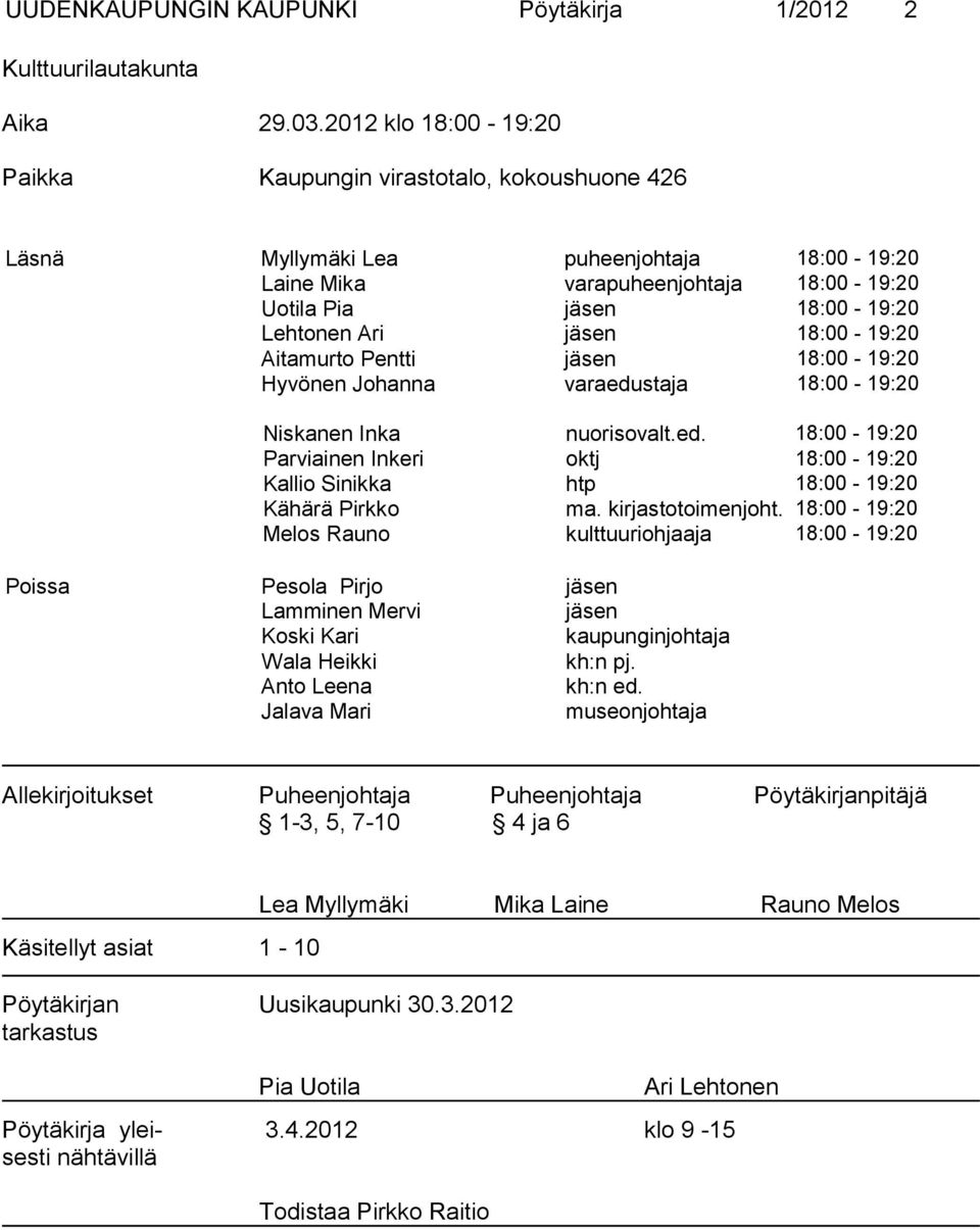 jäsen 18:00-19:20 Aitamurto Pentti jäsen 18:00-19:20 Hyvönen Johanna varaedustaja 18:00-19:20 Niskanen Inka nuorisovalt.ed. 18:00-19:20 Parviainen Inkeri oktj 18:00-19:20 Kallio Sinikka htp 18:00-19:20 Kähärä Pirkko ma.
