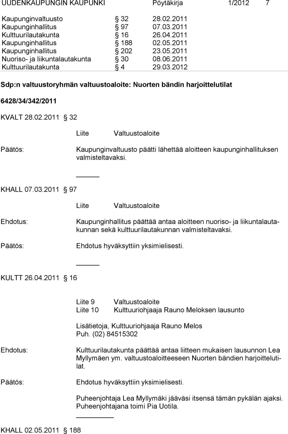 2012 Sdp:n valtuustoryhmän valtuustoaloite: Nuorten bändin harjoittelutilat 6428/34/342/2011 KVALT 28.02.