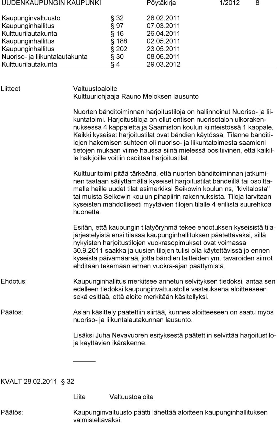 2012 Liitteet Valtuustoaloite Kulttuuriohjaaja Rauno Meloksen lausunto Nuorten bänditoiminnan harjoitustiloja on hallinnoinut Nuoriso- ja liikuntatoimi.