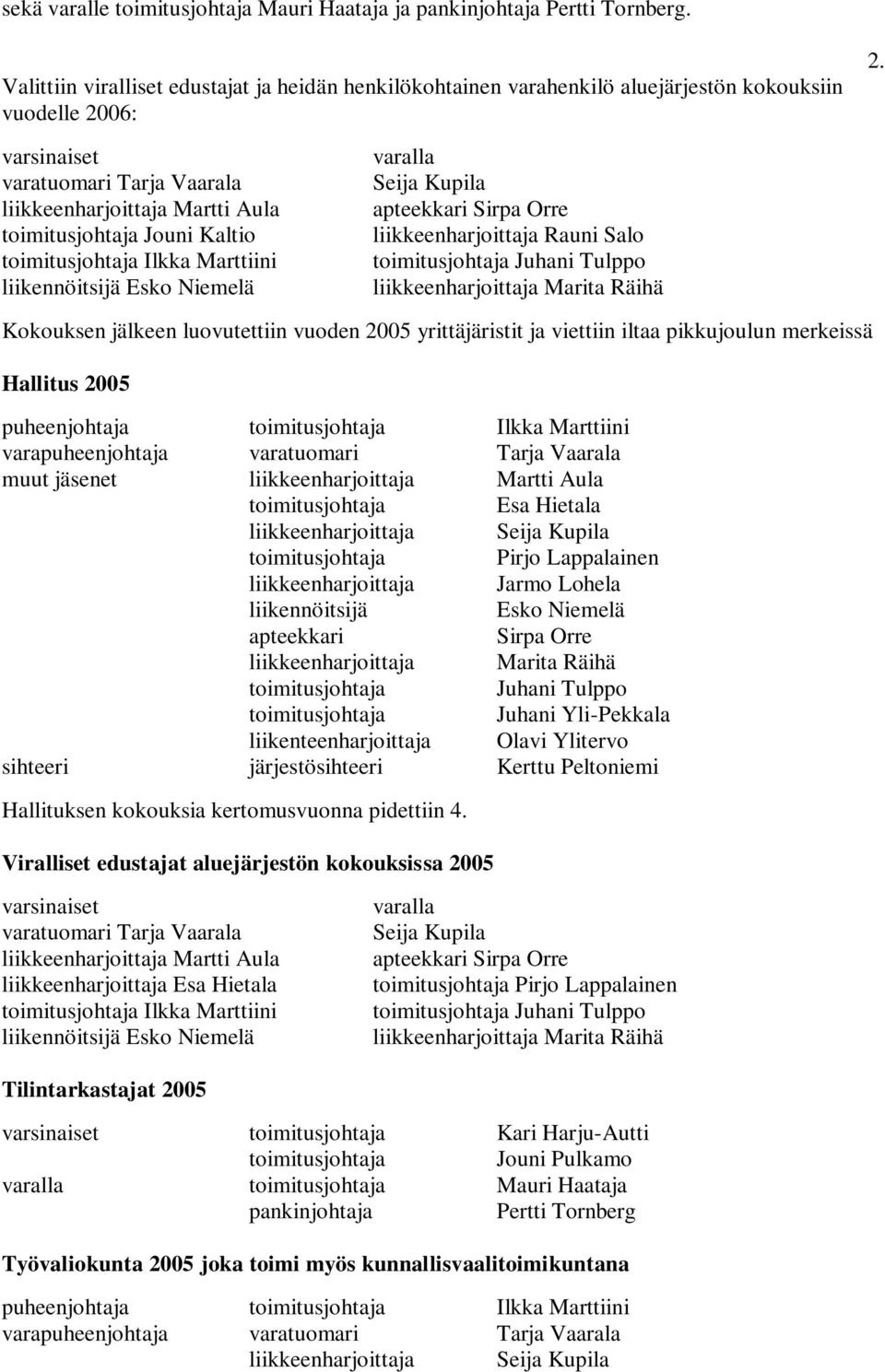 2005 puheenjohtaja varapuheenjohtaja muut jäsenet Esa Hietala liikkeenharjoittaja Seija Kupila Pirjo Lappalainen liikkeenharjoittaja Jarmo Lohela liikennöitsijä Esko Niemelä apteekkari Sirpa Orre