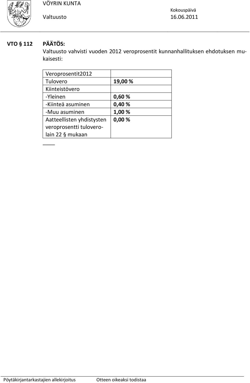 Kiinteistövero -Yleinen 0,60 % -Kiinteä asuminen 0,40 % -Muu