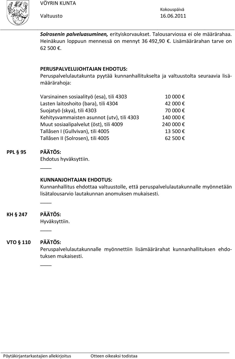 tili 4304 42 000 Suojatyö (skya), tili 4303 70 000 Kehitysvammaisten asunnot (utv), tili 4303 140 000 Muut sosiaalipalvelut (öst), tili 4009 240 000 Tallåsen I (Gullvivan), tili 4005 13 500 Tallåsen