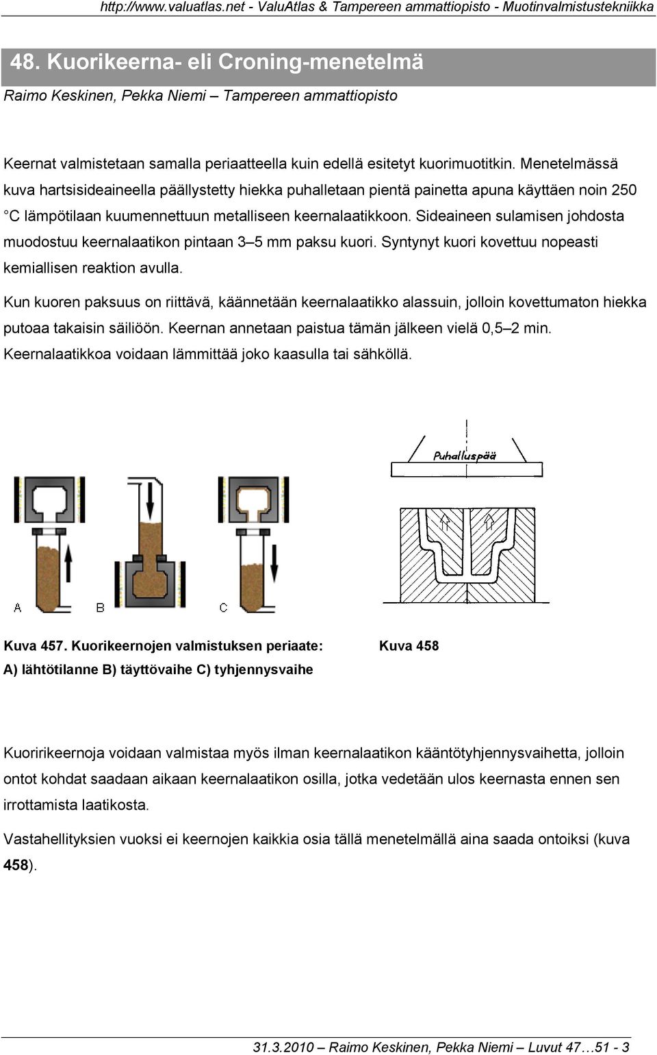 Sideaineen sulamisen johdosta muodostuu keernalaatikon pintaan 3 5 mm paksu kuori. Syntynyt kuori kovettuu nopeasti kemiallisen reaktion avulla.