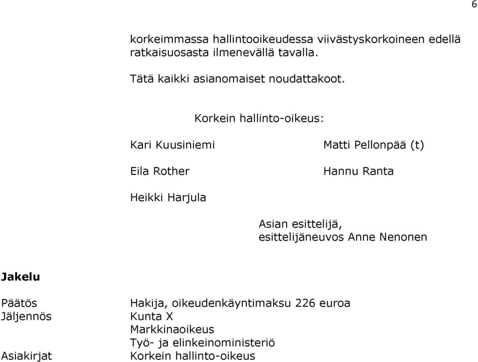 Korkein hallinto-oikeus: Kari Kuusiniemi Eila Rother Matti Pellonpää (t) Hannu Ranta Heikki Harjula Asian