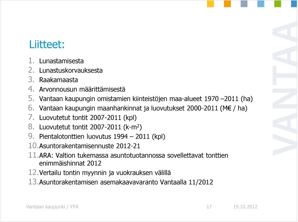 Luovutetut tontit 2007-2011 (kpl) 8. Luovutetut tontit 2007-2011 (k-m 2 ) 9. Pientalotonttien luovutus 1994 2011 (kpl) 10.