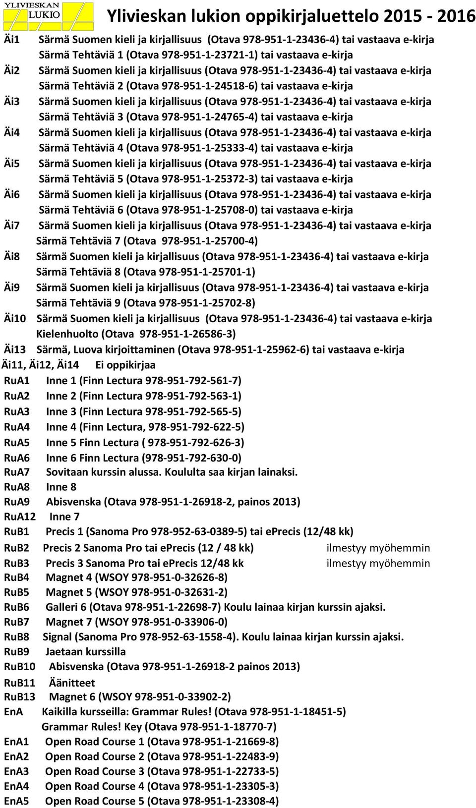 978-951-1-23436-4) tai vastaava e-kirja Särmä Tehtäviä 3 (Otava 978-951-1-24765-4) tai vastaava e-kirja Äi4 Särmä Suomen kieli ja kirjallisuus (Otava 978-951-1-23436-4) tai vastaava e-kirja Särmä