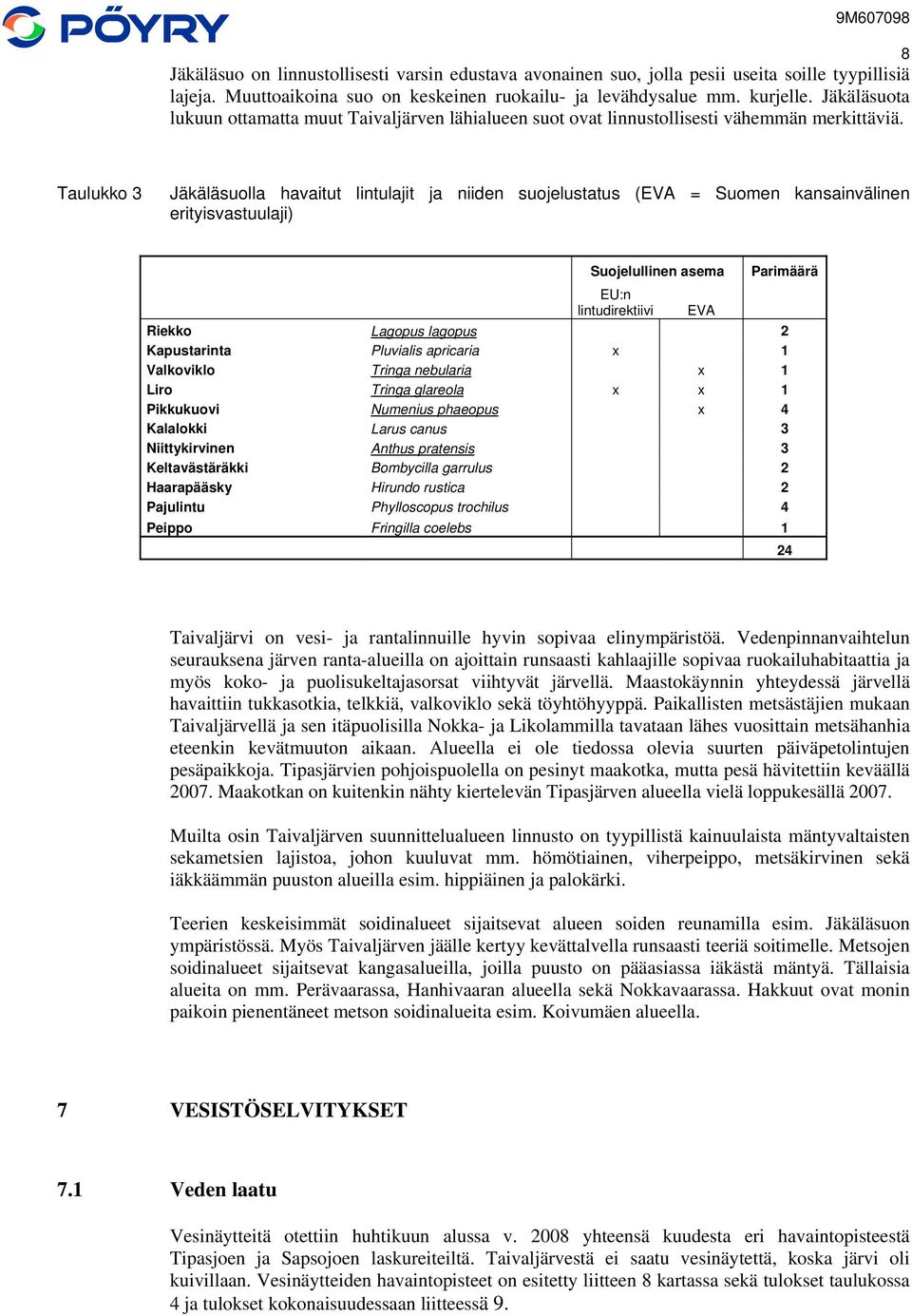 Taulukko 3 Jäkäläsuolla havaitut lintulajit ja niiden suojelustatus (EVA = Suomen kansainvälinen erityisvastuulaji) Suojelullinen asema EU:n lintudirektiivi EVA Parimäärä Riekko Lagopus lagopus 2