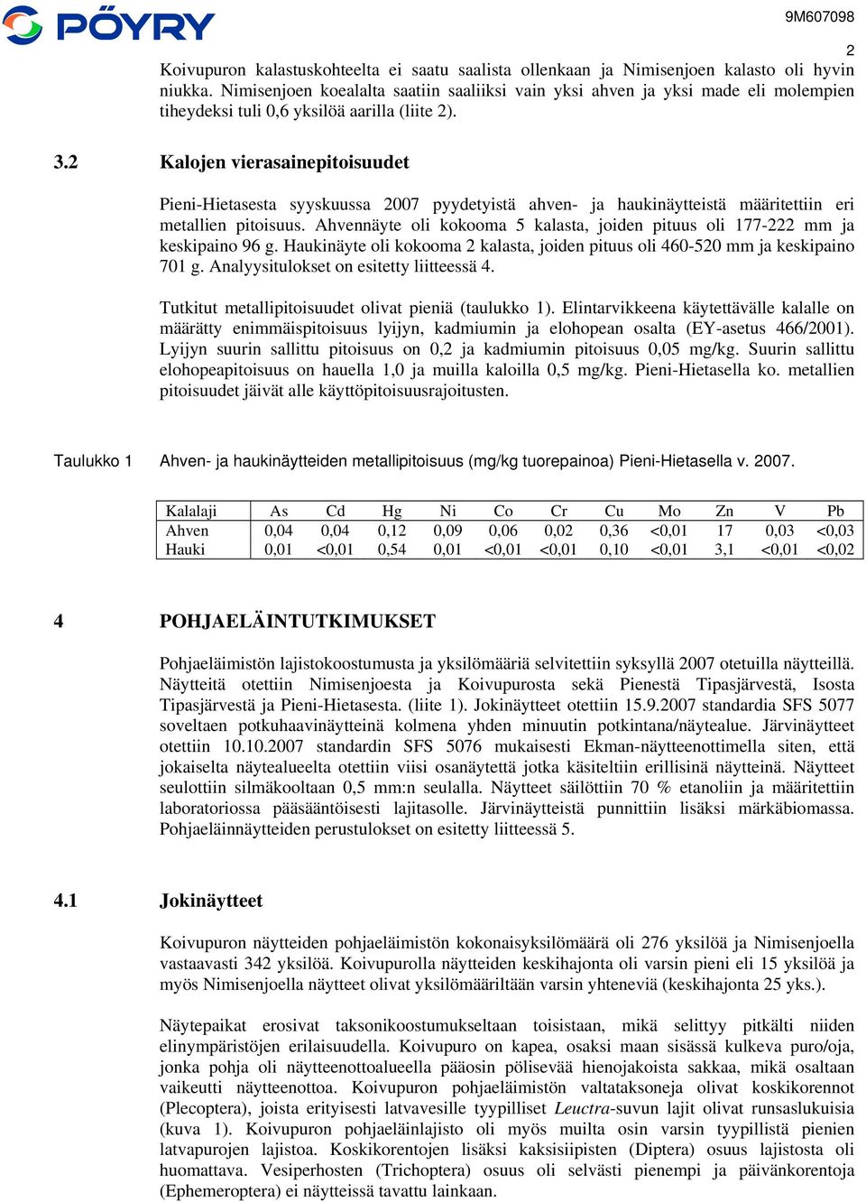 2 Kalojen vierasainepitoisuudet Pieni-Hietasesta syyskuussa 2007 pyydetyistä ahven- ja haukinäytteistä määritettiin eri metallien pitoisuus.