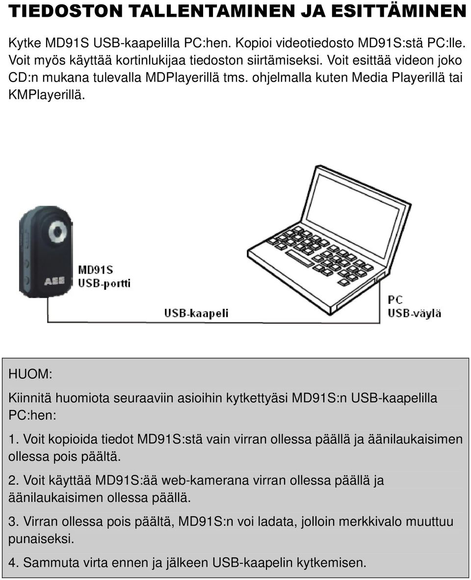 HUOM: Kiinnitä huomiota seuraaviin asioihin kytkettyäsi MD91S:n USB-kaapelilla PC:hen: 1.