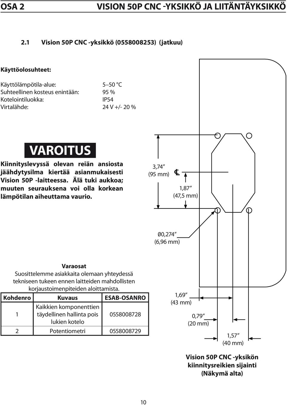 3,74 (95 mm) 1,87 (47,5 mm) 00,274 (6,96 mm) Varaosat Suosittelemme asiakkaita olemaan yhteydessä tekniseen tukeen ennen laitteiden mahdollisten korjaustoimenpiteiden aloittamista.