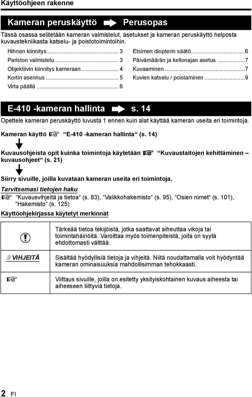 .. 5 Kuvien katselu / poistaminen...9 Virta päällä... 6 E-410 -kameran hallinta s. 14 Opettele kameran peruskäyttö luvusta 1 ennen kuin alat käyttää kameran useita eri toimintoja.