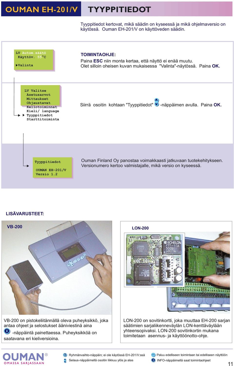 LV Valitse Mittaukset Ohjaustavat Kellotoiminnat Kieli/ language Tyyppitiedot Starttitoiminta Siirrä osoitin kohtaan "Tyyppitiedot" -näppäimen avulla. Tyyppitiedot OUMAN EH-201/V Versio 1.