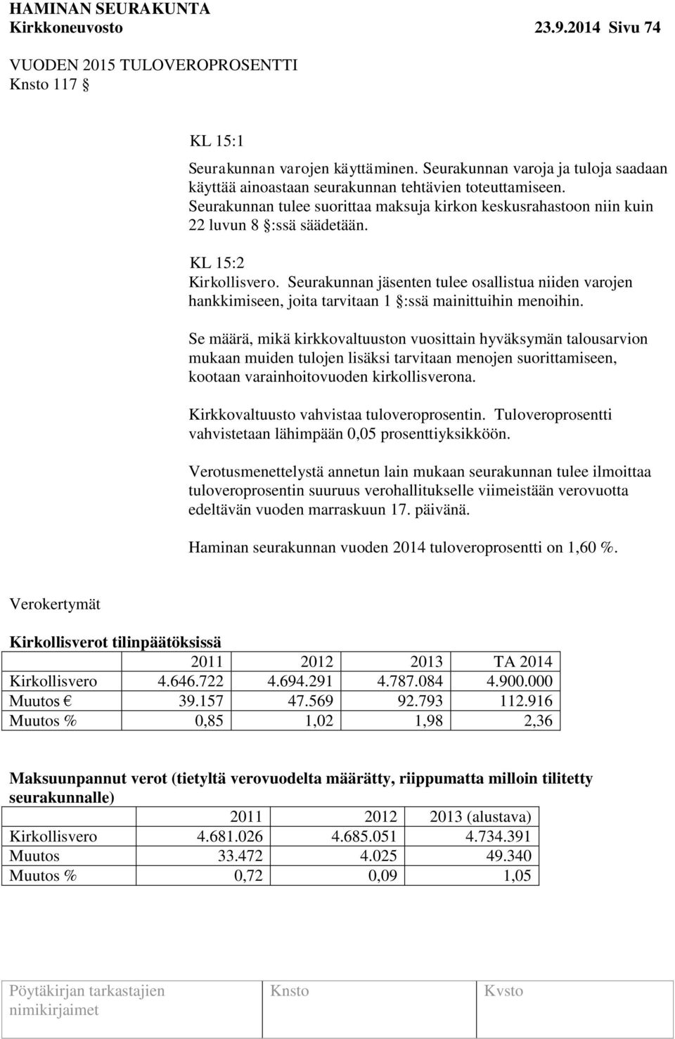 KL 15:2 Kirkollisvero. Seurakunnan jäsenten tulee osallistua niiden varojen hankkimiseen, joita tarvitaan 1 :ssä mainittuihin menoihin.