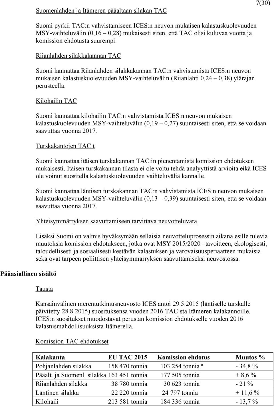 Riianlahden silakkakannan TAC Suomi kannattaa Riianlahden silakkakannan TAC:n vahvistamista ICES:n neuvon mukaisen kalastuskuolevuuden MSY-vaihteluvälin (Riianlahti 0,24 0,38) ylärajan perusteella.