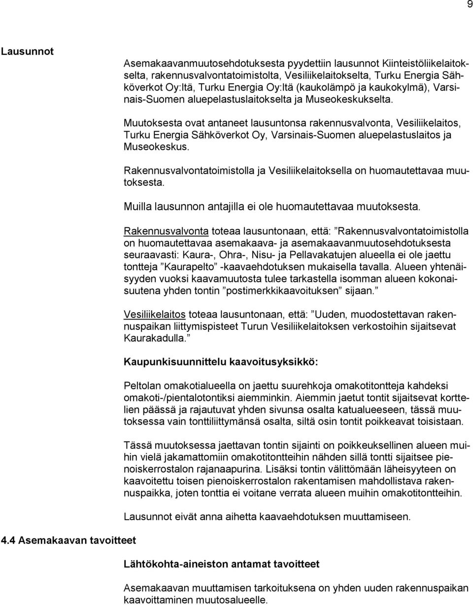 4 Asemakaavan tavoitteet Muutoksesta ovat antaneet lausuntonsa rakennusvalvonta, Vesiliikelaitos, Turku Energia Sähköverkot Oy, Varsinais-Suomen aluepelastuslaitos ja Museokeskus.