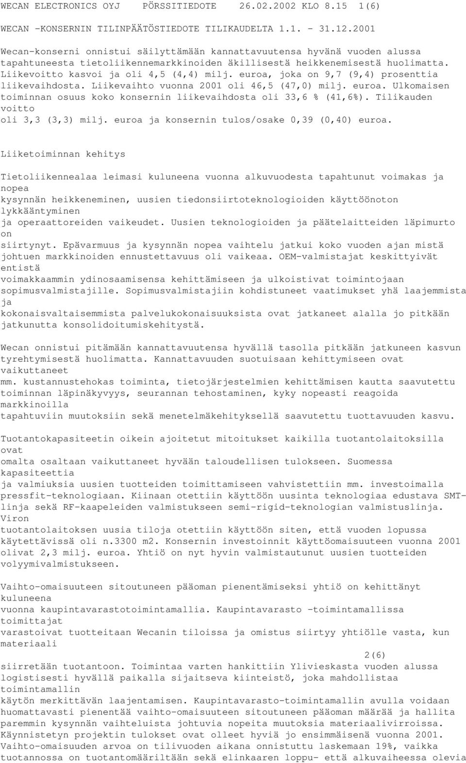 Liikevoitto kasvoi ja oli 4,5 (4,4) milj. euroa, joka on 9,7 (9,4) prosenttia liikevaihdosta. Liikevaihto vuonna 2001 oli 46,5 (47,0) milj. euroa. Ulkomaisen toiminnan osuus koko konsernin liikevaihdosta oli 33,6 % (41,6%).