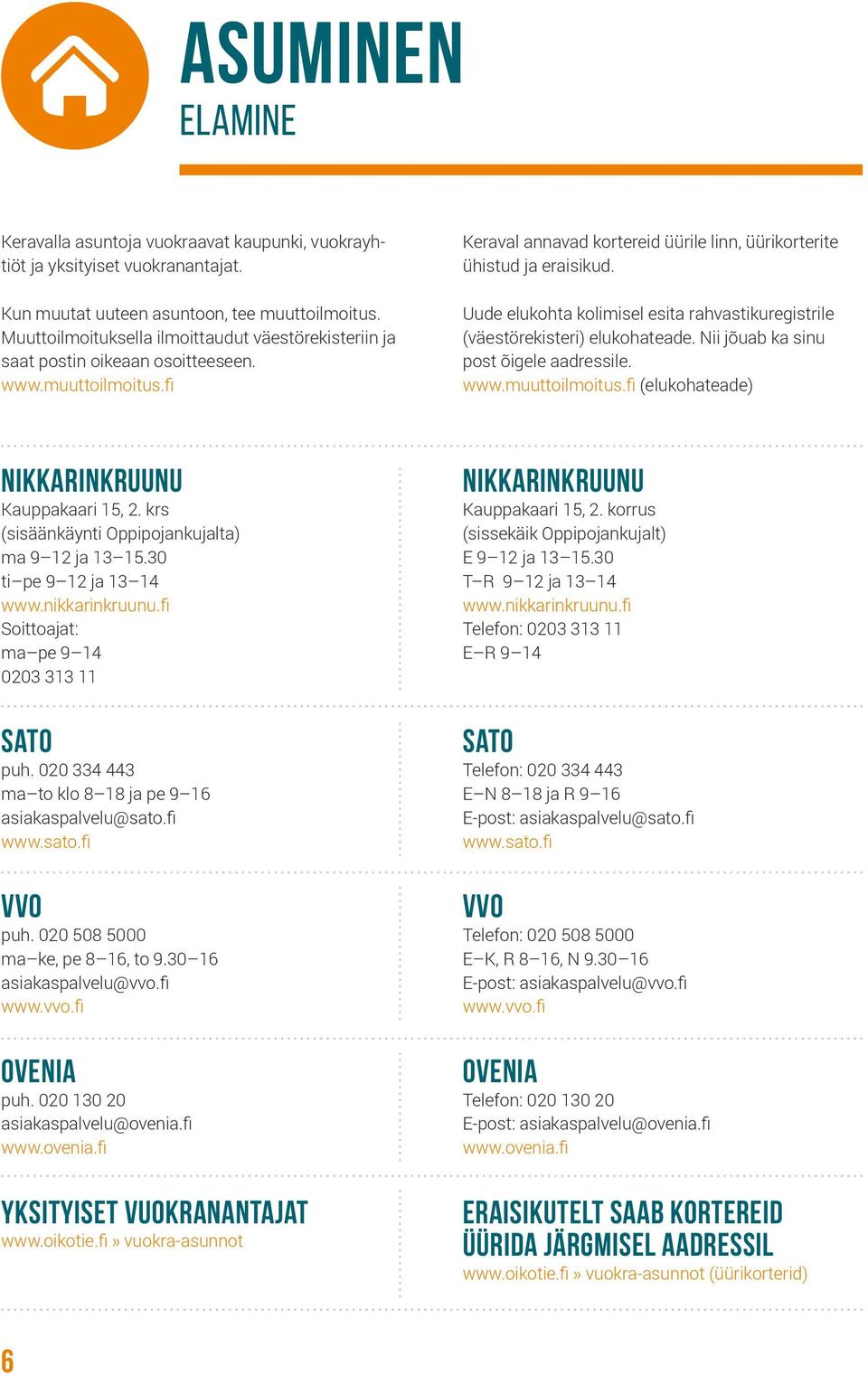 Uude elukohta kolimisel esita rahvastikuregistrile (väestörekisteri) elukohateade. Nii jõuab ka sinu post õigele aadressile. www.muuttoilmoitus.fi (elukohateade) Nikkarinkruunu Kauppakaari 15, 2.