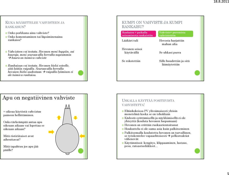 Seuraavalla kerralla hevonen kielsi uudestaan raipalla lyöminen ei ole toimiva rankaisu. KUMPI ON VAHVISTE JA KUMPI RANKAISU?