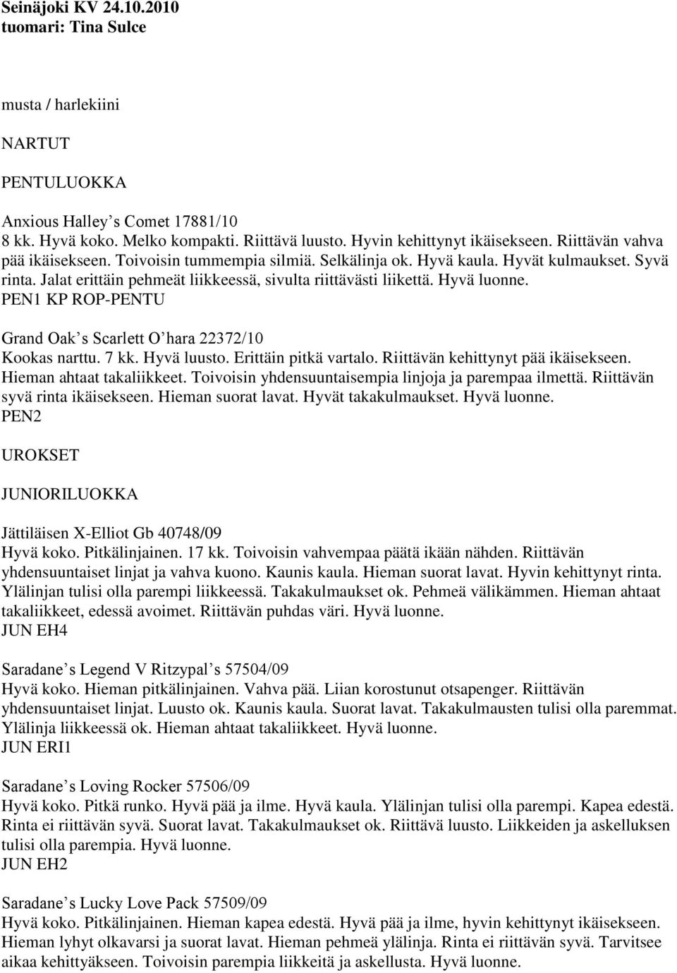 PEN1 KP ROP-PENTU Grand Oak s Scarlett O hara 22372/10 Kookas narttu. 7 kk. Hyvä luusto. Erittäin pitkä vartalo. Riittävän kehittynyt pää ikäisekseen. Hieman ahtaat takaliikkeet.