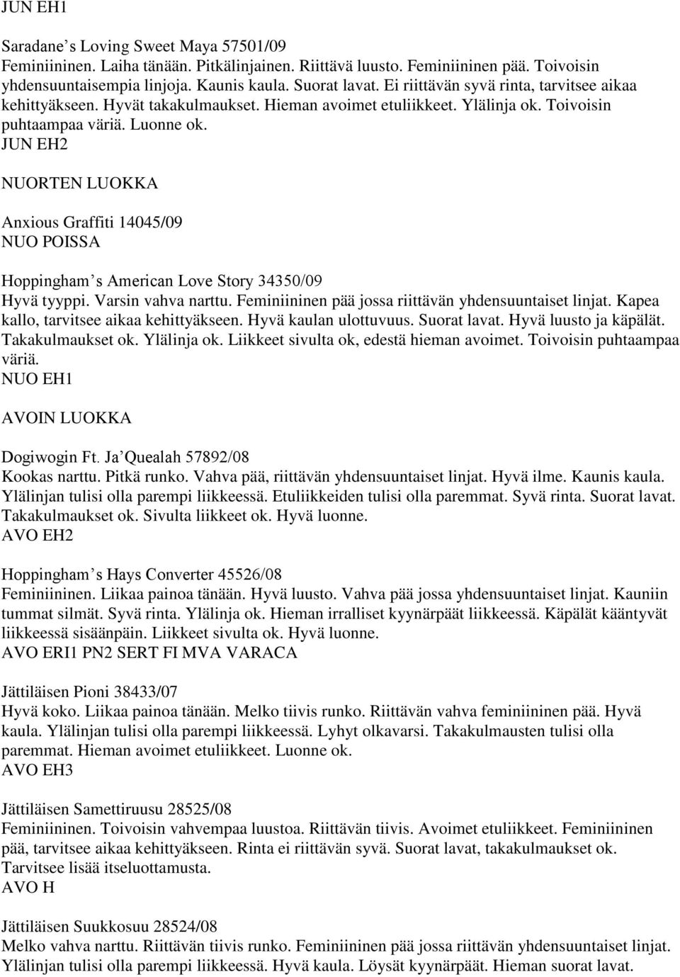 JUN EH2 NUORTEN LUOKKA Anxious Graffiti 14045/09 NUO POISSA Hoppingham s American Love Story 34350/09 Hyvä tyyppi. Varsin vahva narttu. Feminiininen pää jossa riittävän yhdensuuntaiset linjat.