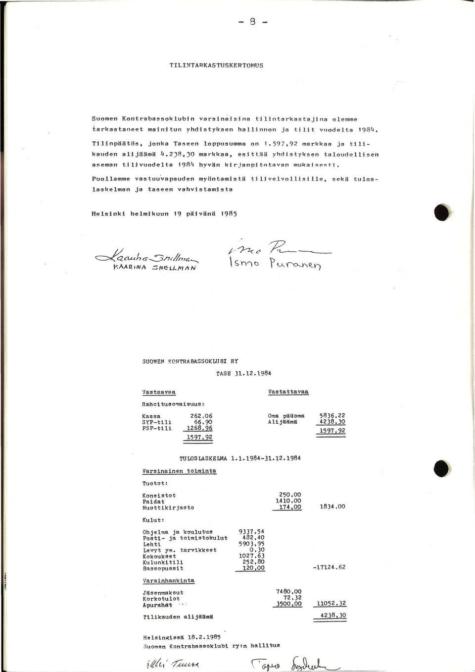 Puollamme vastuuvapauden myöntämistä tilivelvollisille, sekä tuloslaskelman ja taseen vahvistamista Helsinki helmikuun 19 päivänä 1985 SUOMEN KONTRABASSOKLUBI RY TASE 31.12.