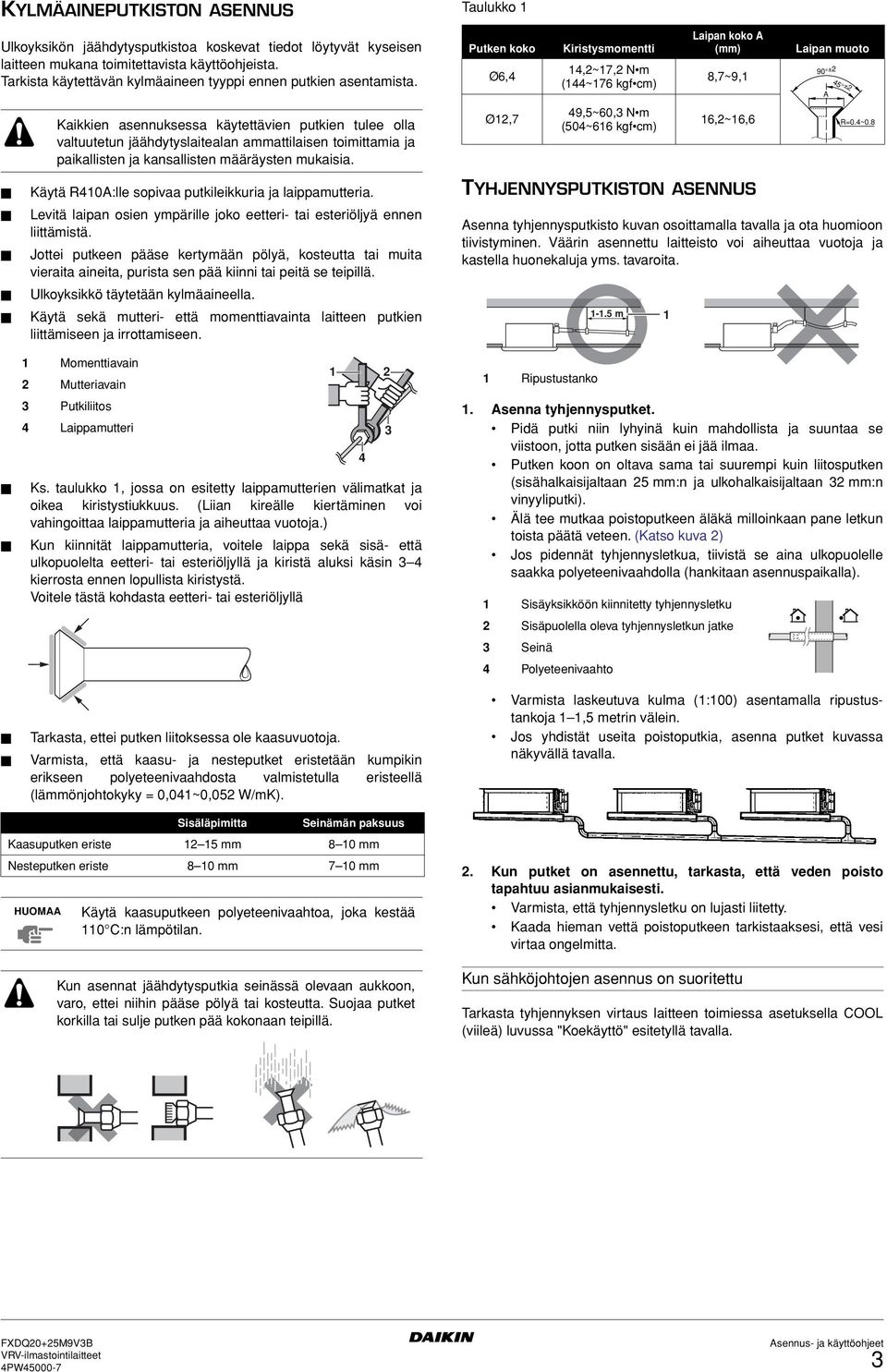 Putken koko Ø, Kiristysmomentti,~7, N m (~7 kgf cm) Laipan koko A (mm) 8,7~9, Laipan muoto 90 ± A 5 ± Kaikkien asennuksessa käytettävien putkien tulee olla valtuutetun jäähdytyslaitealan
