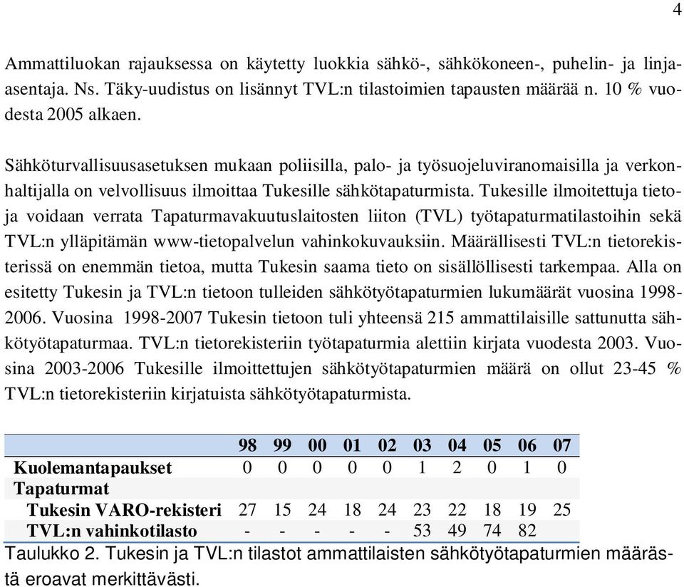 Tukesille ilmoitettuja tietoja voidaan verrata Tapaturmavakuutuslaitosten liiton (TVL) työtapaturmatilastoihin sekä TVL:n ylläpitämän www-tietopalvelun vahinkokuvauksiin.