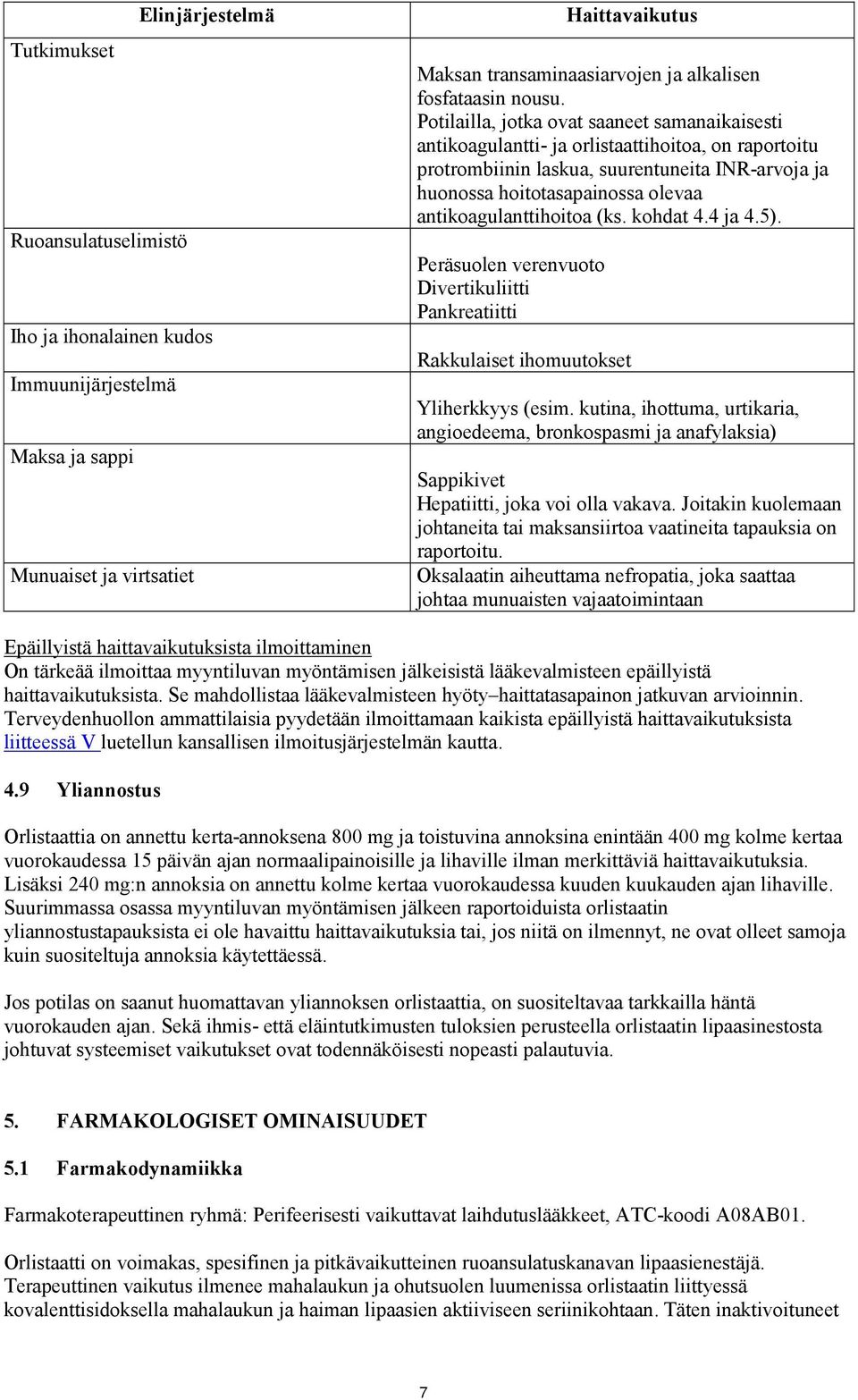 Potilailla, jotka ovat saaneet samanaikaisesti antikoagulantti- ja orlistaattihoitoa, on raportoitu protrombiinin laskua, suurentuneita INR-arvoja ja huonossa hoitotasapainossa olevaa