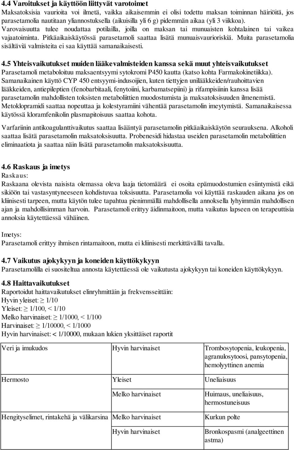 Pitkäaikaiskäytössä parasetamoli saattaa lisätä munuaisvaurioriskiä. Muita parasetamolia sisältäviä valmisteita ei saa käyttää samanaikaisesti. 4.