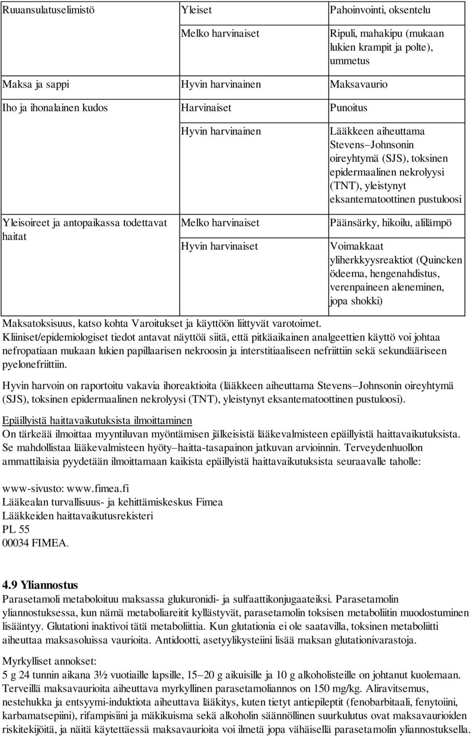 epidermaalinen nekrolyysi (TNT), yleistynyt eksantematoottinen pustuloosi Päänsärky, hikoilu, alilämpö Voimakkaat yliherkkyysreaktiot (Quincken ödeema, hengenahdistus, verenpaineen aleneminen, jopa