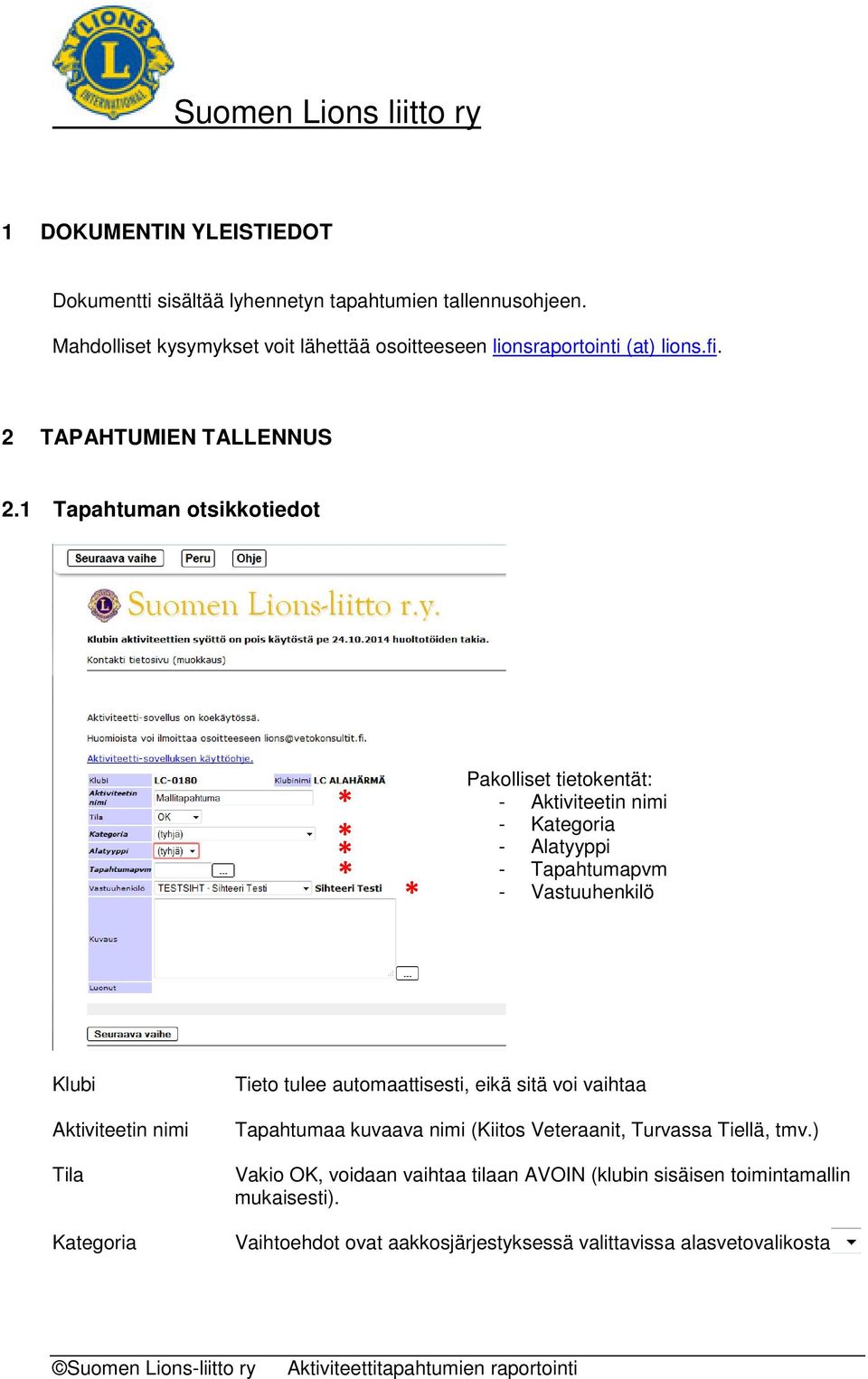 1 Tapahtuman otsikkotiedot Pakolliset tietokentät: - Aktiviteetin nimi - - - Tapahtumapvm - Vastuuhenkilö Klubi Aktiviteetin nimi Tila Tieto tulee