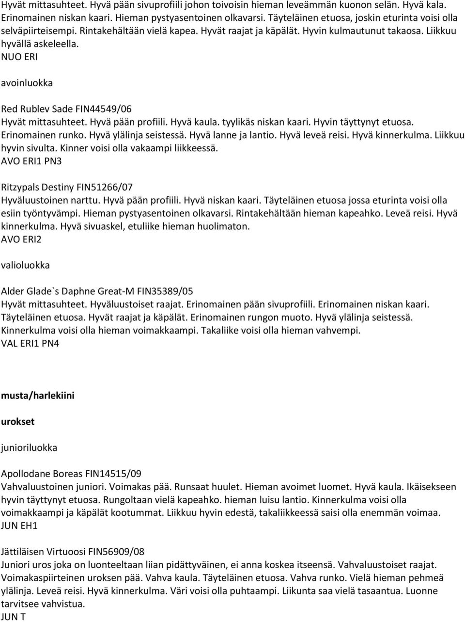 NUO ERI Red Rublev Sade FIN44549/06 Hyvät mittasuhteet. Hyvä pään profiili. Hyvä kaula. tyylikäs niskan kaari. Hyvin täyttynyt etuosa. Erinomainen runko. Hyvä ylälinja seistessä. Hyvä lanne ja lantio.