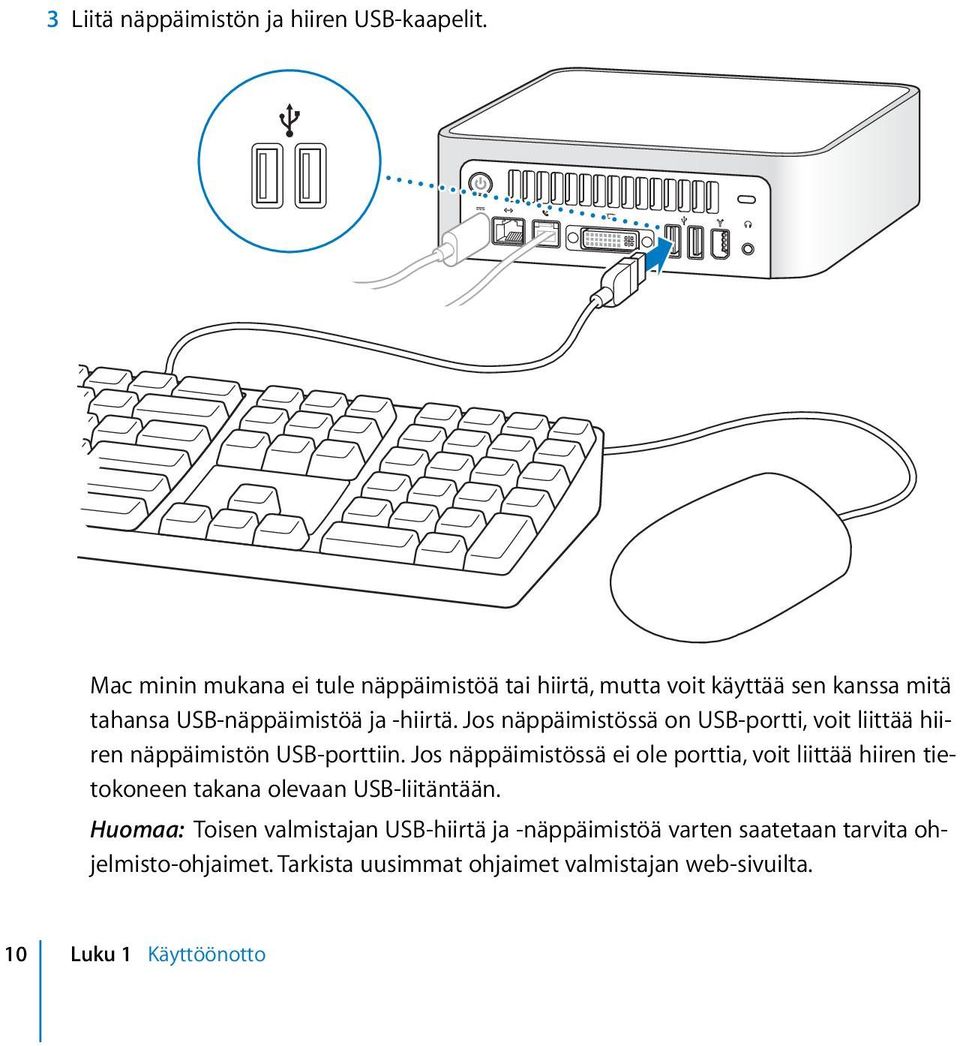 Jos näppäimistössä on USB-portti, voit liittää hiiren näppäimistön USB-porttiin.