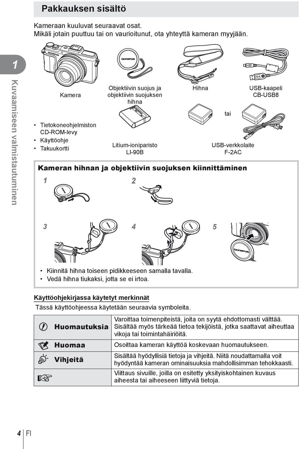 F-2AC Kameran hihnan ja objektiivin suojuksen kiinnittäminen 1 2 USB-kaapeli CB-USB8 3 4 5 Kiinnitä hihna toiseen pidikkeeseen samalla tavalla. Vedä hihna tiukaksi, jotta se ei irtoa.