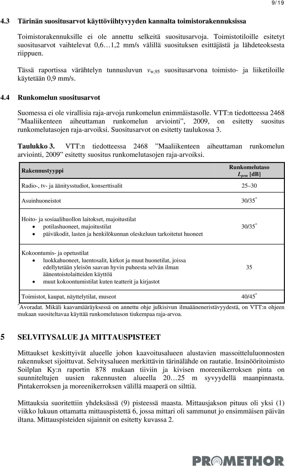 Tässä raportissa värähtelyn tunnusluvun v w,95 suositusarvona toimisto- ja liiketiloille käytetään 0,9 mm/s. 4.