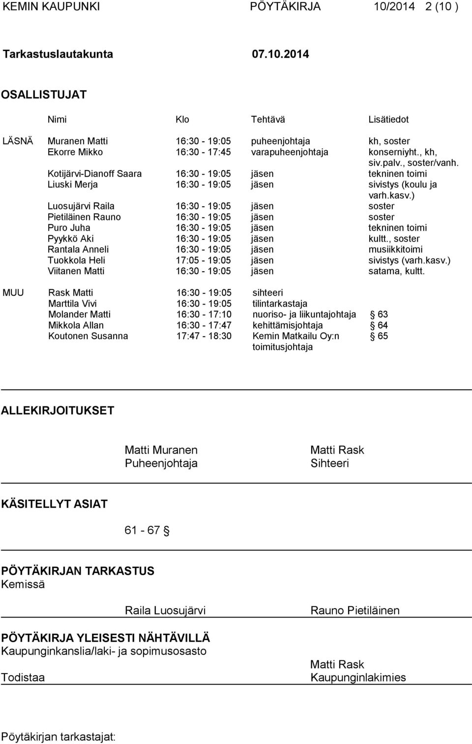 ) Luosujärvi Raila 16:30-19:05 jäsen soster Pietiläinen Rauno 16:30-19:05 jäsen soster Puro Juha 16:30-19:05 jäsen tekninen toimi Pyykkö Aki 16:30-19:05 jäsen kultt.
