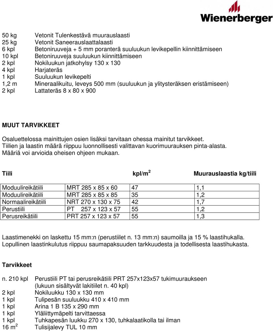 TARVIKKEET Osaluettelossa mainittujen osien lisäksi tarvitaan ohessa mainitut tarvikkeet. Tiilien ja laastin määrä riippuu luonnollisesti valittavan kuorimuurauksen pinta-alasta.