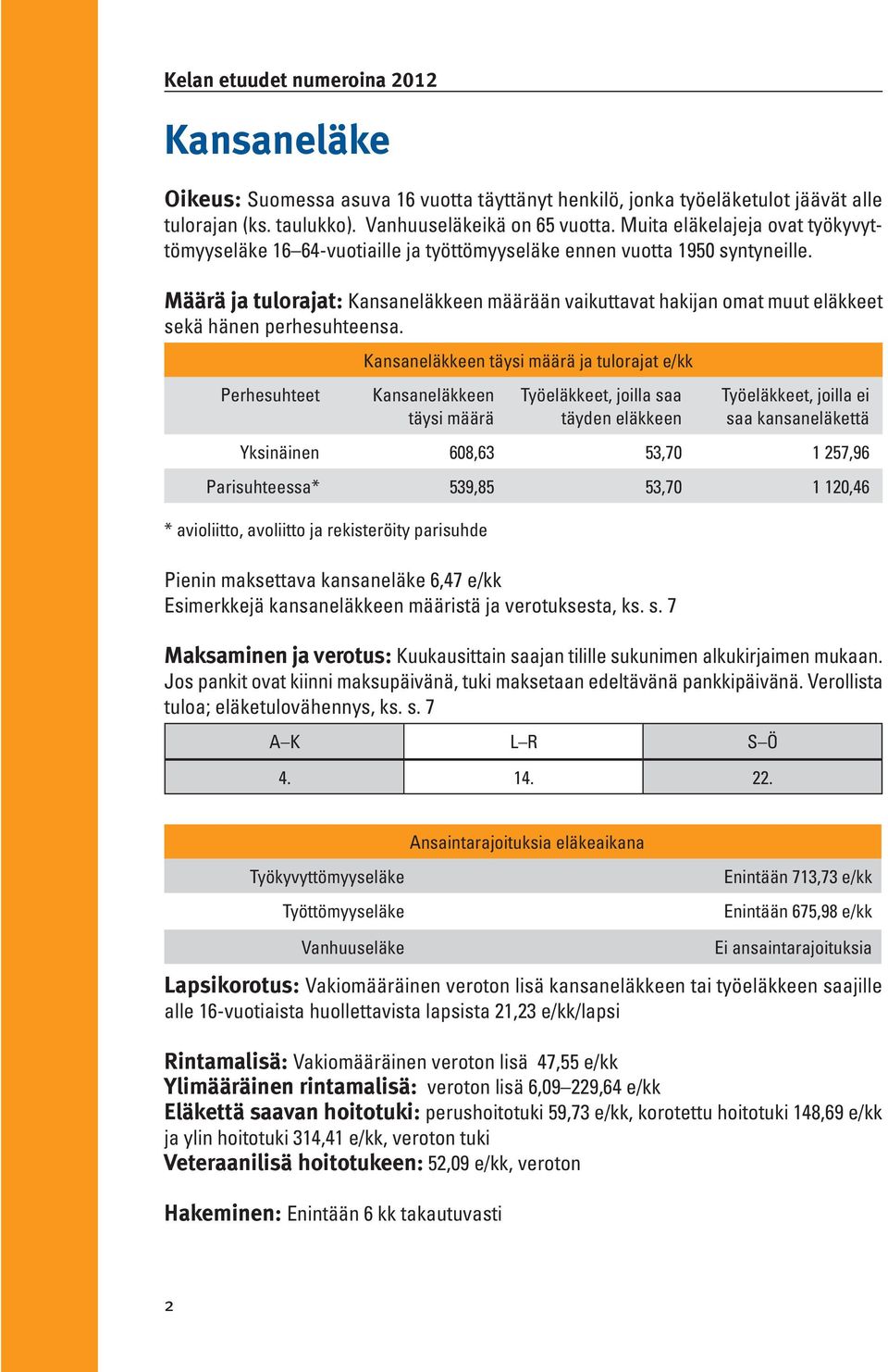 Määrä ja tulorajat: Kansaneläkkeen määrään vaikuttavat hakijan omat muut eläkkeet sekä hänen perhesuhteensa.