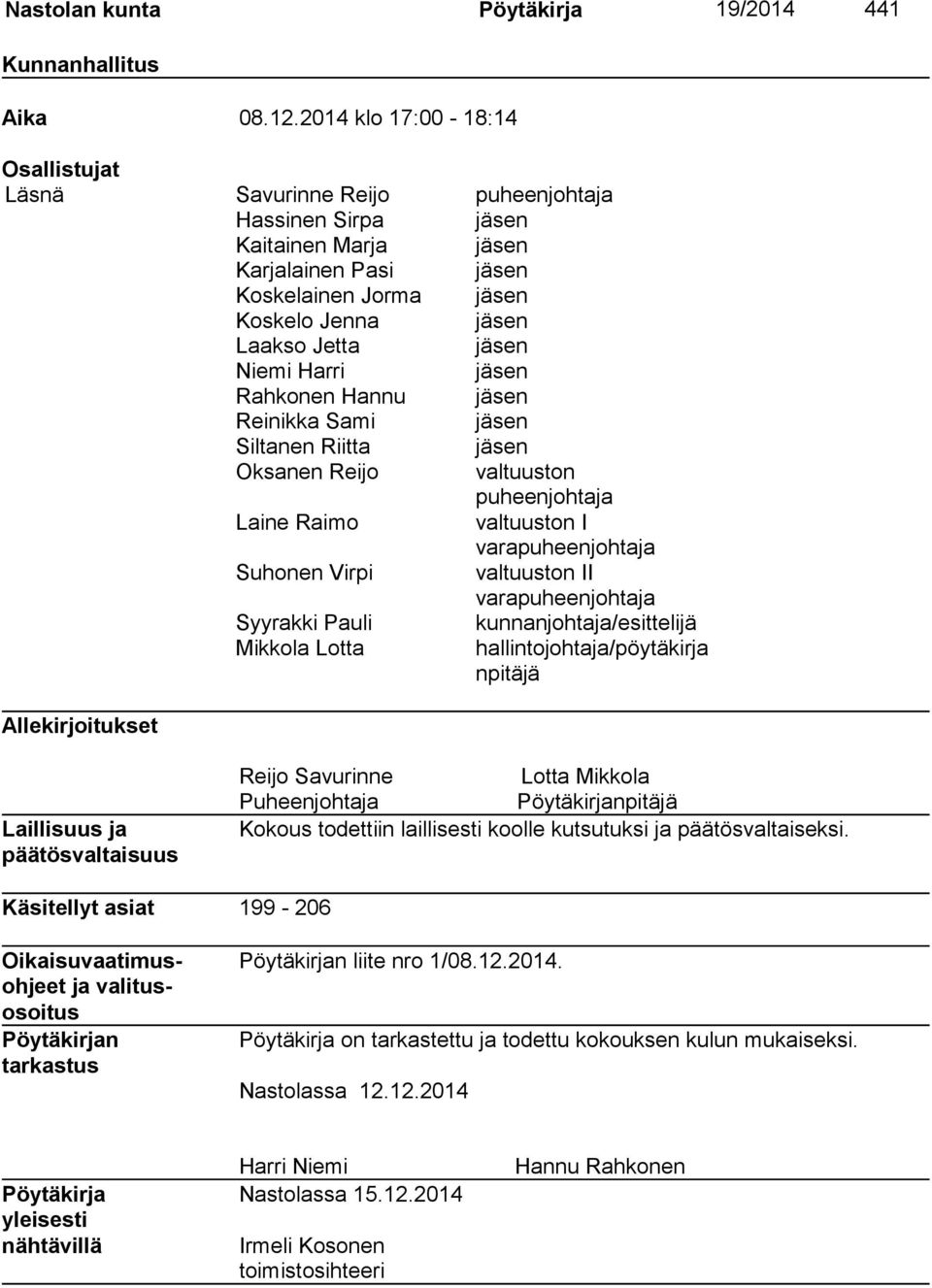 Niemi Harri jäsen Rahkonen Hannu jäsen Reinikka Sami jäsen Siltanen Riitta jäsen Oksanen Reijo valtuuston puheenjohtaja Laine Raimo valtuuston I varapuheenjohtaja Suhonen Virpi valtuuston II